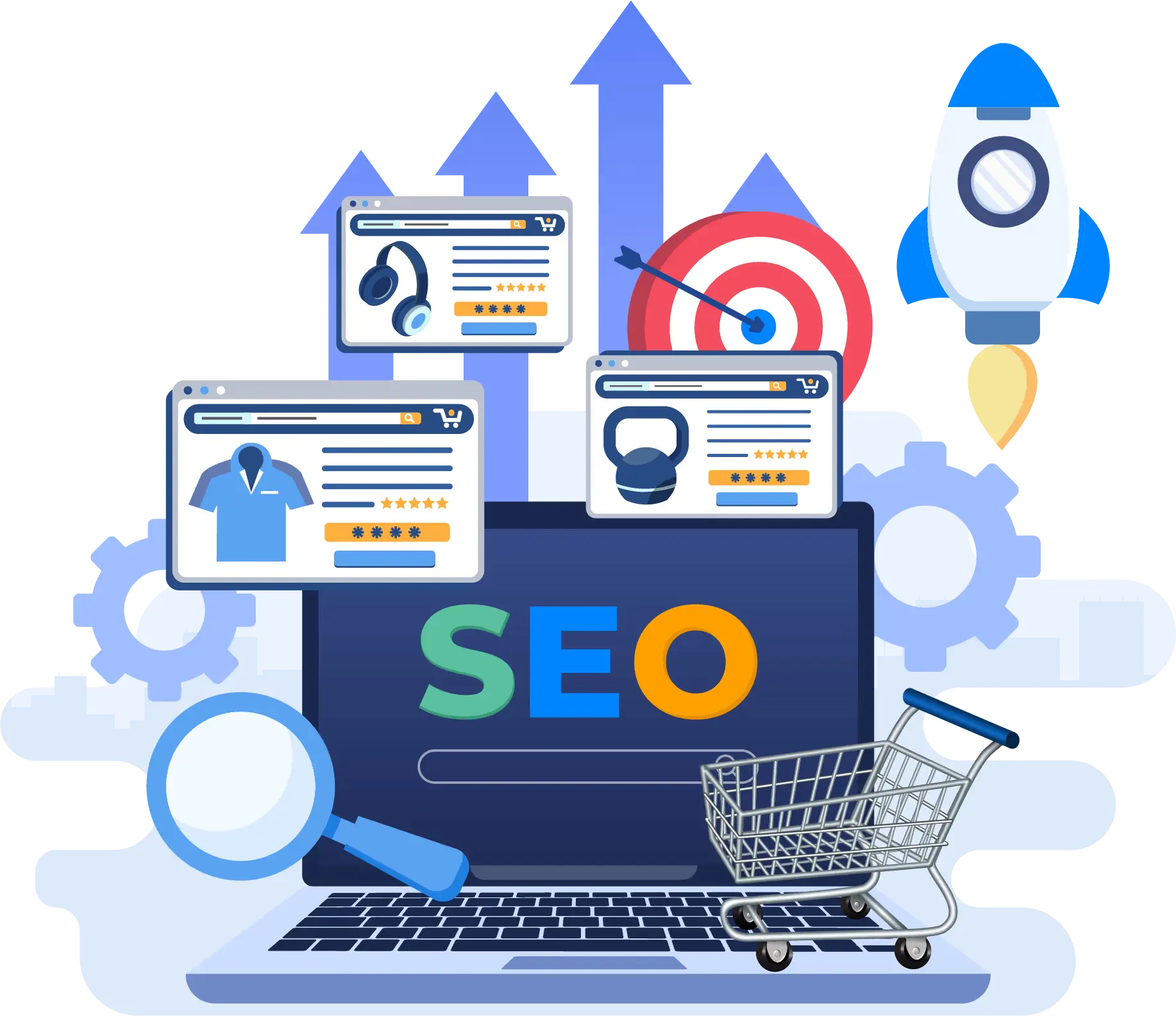 Ecommerce SEO illustration with product pages, cart and ranking growth